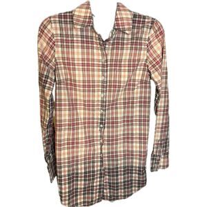 Free People Rustic Red Brown Gradient Plaid Button Up Tunic Sz 10 Boho Wknd